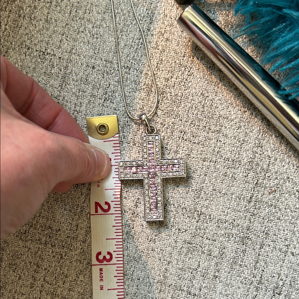 Vintage Pink and Silver Cross Necklace - Picture 17 of 17